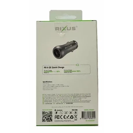 Incarcator Auto Rapid Rixus 38W 1 x USB-A si 1 x USB-C  Gri