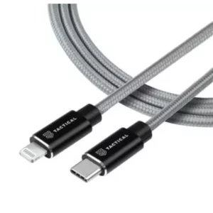 Cablu de date si incarcare Tactical, USB-C la Lightning, 1 metru, Gri, MFi Fast Rope Kevlar