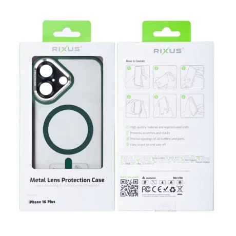 Husa iPhone 16 Plus Rixus Magsafe cu Protectie Metalica Integrata pentru Camera Verde Inchis