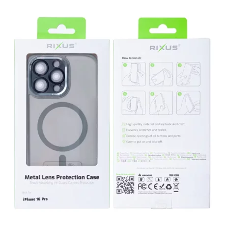 Husa iPhone 16 Pro Max Rixus Magsafe cu Protectie Metalica Integrata pentru Camera Gri