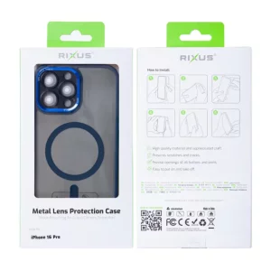 Husa iPhone 16 Pro Rixus Magsafe cu Protectie Metalica Integrata pentru Camera Albastru Inchis