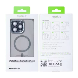 Husa iPhone 16 Pro Rixus Magsafe cu Protectie Metalica Integrata pentru Camera Gri