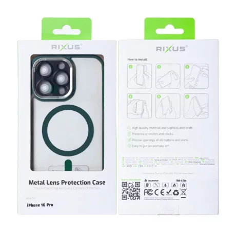 Husa iPhone 16 Pro Rixus Magsafe cu Protectie Metalica Integrata pentru Camera Verde Inchis