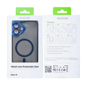 Husa iPhone 16 Rixus Magsafe cu Protectie Metalica Integrata pentru Camera Albastru Inchis