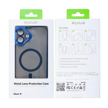 Husa iPhone 16 Rixus Magsafe cu Protectie Metalica Integrata pentru Camera Albastru Inchis