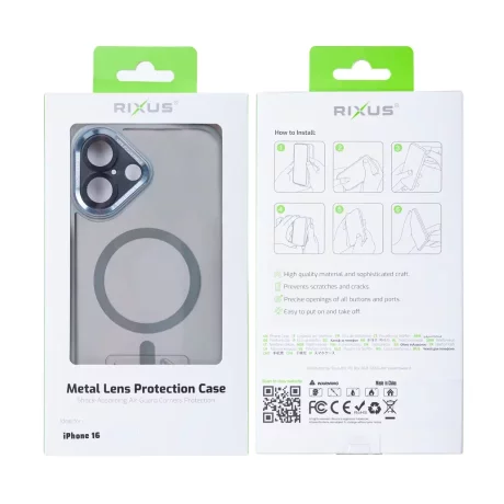Husa iPhone 16 Rixus Magsafe cu Protectie Metalica Integrata pentru Camera Gri