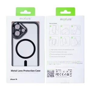 Husa iPhone 16 Rixus Magsafe cu Protectie Metalica Integrata pentru Camera Neagra