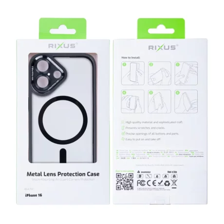 Husa iPhone 16 Rixus Magsafe cu Protectie Metalica Integrata pentru Camera Neagra