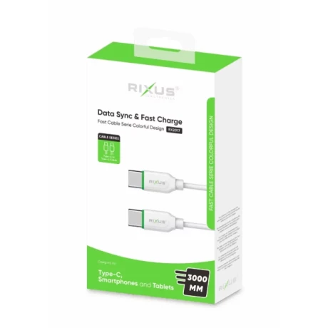 Cablu Date si Incarcare Rixus USB-C/ USB-C Incarcare Rapida 3M Alb