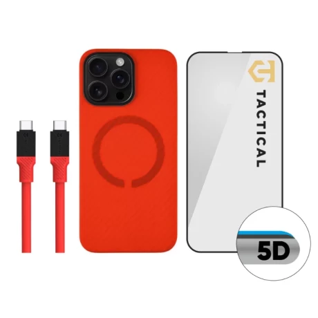Set Husa + Cablu Incarcare + Folie Protectie iPhone 16 Pro Max Tactical Rosu