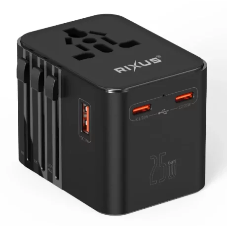 Incarcator Retea Rixus World Travel Adapter - 2 x USB-C, 1 x USB-A 25W Negru